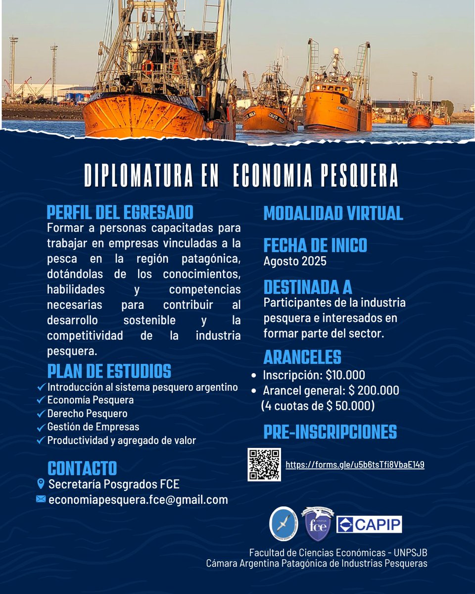 Diplomatura en Economía Pesquera 
💻Modalidad Virtual
📅 Inicio: 18 de Agosto de 2025
✅ ¡Pre-Inscripciones abiertas!
👉🏻 Completá el formulario forms.gle/u5b6tsTfi8VbaE…

📩 Consultas: Secretaría de Posgrados FCE
✉️ economiapesquera.fce@gmail.com

<a href="/CapipArgentina/">CAPIP Argentina</a>