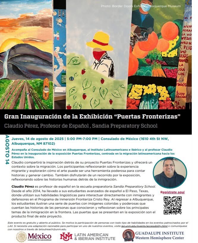 ConsulMexAlb (@consulmexalb) on Twitter photo 📅 ¡Aparta la fecha!
🎨 Este jueves 14 de agosto a las 5:00 p.m. , acompáñanos en <a href="/ConsulMexAlb/">ConsulMexAlb</a> , a la Inauguración de la exposición “Puertas Fronterizas”, un proyecto artístico que da voz a las vivencias de estudiantes de <a href="/SandiaPrep/">Sandia Preparatory School</a> que recorrieron la frontera y que, con la 📅 ¡Aparta la fecha!
🎨 Este jueves 14 de agosto a las 5:00 p.m. , acompáñanos en <a href="/ConsulMexAlb/">ConsulMexAlb</a> , a la Inauguración de la exposición “Puertas Fronterizas”, un proyecto artístico que da voz a las vivencias de estudiantes de <a href="/SandiaPrep/">Sandia Preparatory School</a> que recorrieron la frontera y que, con la