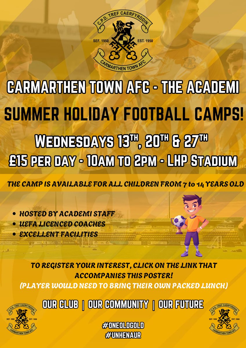 🚨💛 EXCITING NEWS 💛🚨

We will be hosting and delivering a summer holiday football camp!

📍 LHP Stadium, Carmarthen
🗓️ 13th, 20th and 27th August
⏰ 10am to 2pm
🧒🏼 7 to 14 year olds

Each session is priced at £15 per player. Click here to register:

docs.google.com/forms/d/e/1FAI…