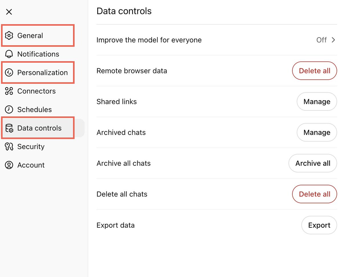 🚨 Privacy settings are a crucial aspect of any digital tool, but most people IGNORE them, increasing their risk. If you use ChatGPT, take 1 minute of your time to implement my privacy recommendations [Bookmark &amp; share]:

My bet is that out of ChatGPT's almost 700 million weekly