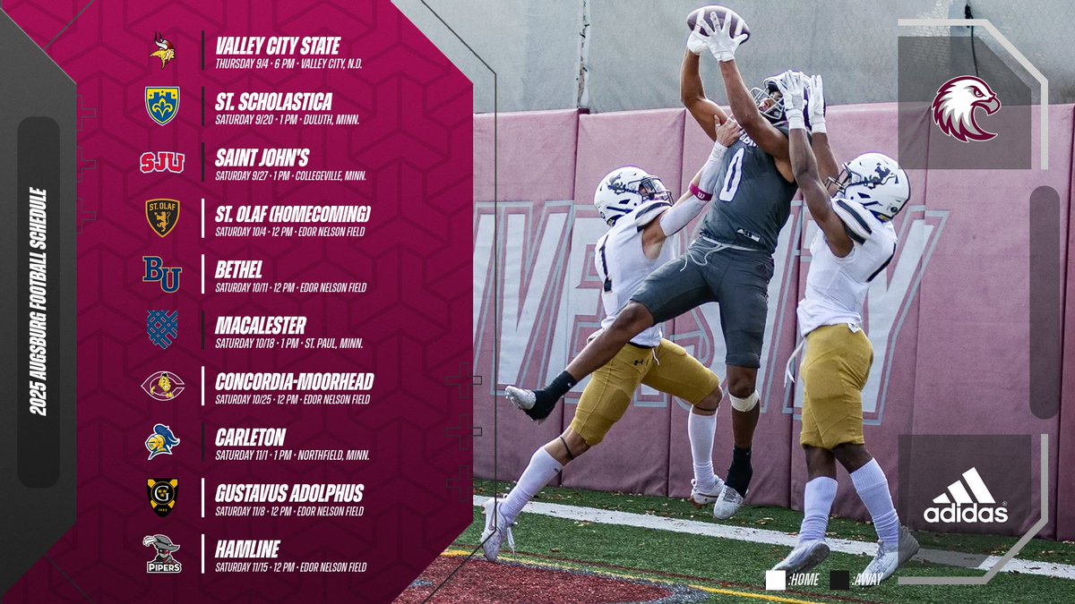 New coach, same #AuggiePride! Here's your 2025 Augsburg football schedule, with the Auggies led by new head coach KiJuan Ware! Make plans to come to games and support your Auggies! #d3fb