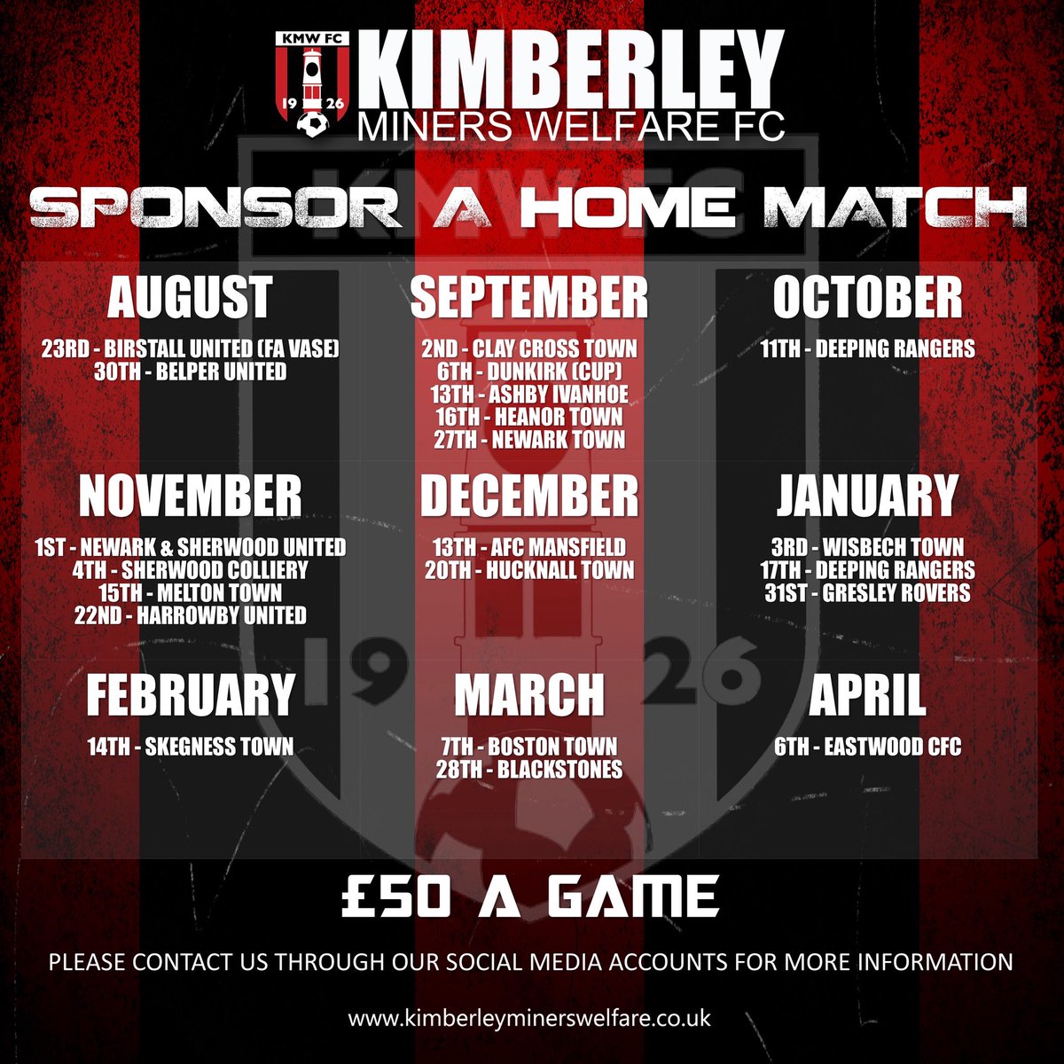 MATCHDAY SPONSORS WANTED

FOR JUST £50
GET YOUR COMPANY NAME/LOGO ON ALL MATCHDAY MEDIA AND BE LINKED ON OUR CLUBWEBSITE, ALONG WITH VARIOUS OTHER BENEFITS.

PLEASE DM US FOR MORE INFORMATION