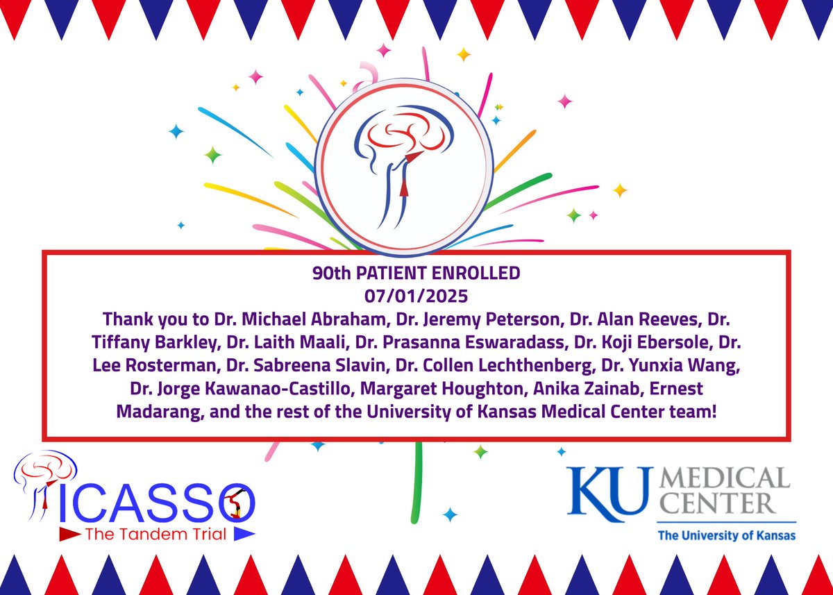 PICASSO Clinical Trial (@thepicassotrial) on Twitter photo Congratulations and thank you to Dr. <a href="/Michael3Abraham/">Michael Abraham</a>, and the rest of the <a href="/KUMedCenter/">KU Medical Center</a> team for enrolling the 90th patient in the #PICASSO trial! ππ₯³ #stroke #ClinicalTrial
<a href="/oozaidat/">Osama Zaidat MD</a>
<a href="/NguyenThanhMD/">Thanh Nguyen πΊπ¦</a>
<a href="/samialkasab/">Sami Al Kasab</a> Congratulations and thank you to Dr. <a href="/Michael3Abraham/">Michael Abraham</a>, and the rest of the <a href="/KUMedCenter/">KU Medical Center</a> team for enrolling the 90th patient in the #PICASSO trial! ππ₯³ #stroke #ClinicalTrial
<a href="/oozaidat/">Osama Zaidat MD</a>
<a href="/NguyenThanhMD/">Thanh Nguyen πΊπ¦</a>
<a href="/samialkasab/">Sami Al Kasab</a>
