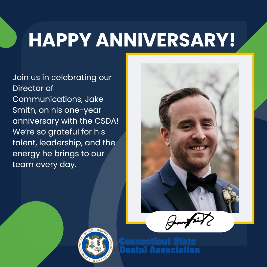 CtStateDental's tweet image. 🎉 Happy 1-Year Anniversary to our Director of Communications, Jake Smith! We&apos;re so lucky to have his creativity, leadership, and passion on the CSDA team. Here’s to many more! #TeamCSDA #Workiversary