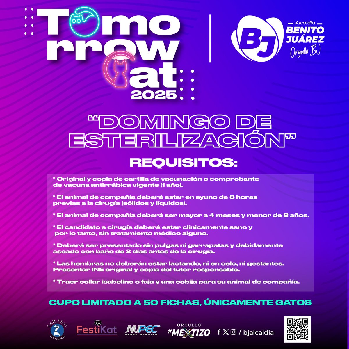 Si tienes un michi 🐱 en casa, esta es tu oportunidad para cuidarlo y contribuir al bienestar animal.
➡️ Cupo limitado a 50 fichas.
❗️ Solo se atenderán gatos.
📲 Consulta los requisitos en la imagen. 
¡Nos vemos el domingo!