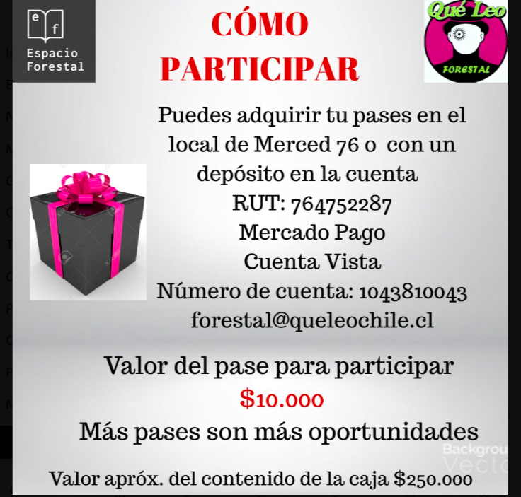 Participa en el concurso de <a href="/QueLeoForestal/">Qué Leo Forestal</a> y gana 1 de las 3 cajas con 20 libros de regalo.  
Compra uno  (o más pases) de 10 mil pesos cada uno y estarás participando. 
El sorteo se efectuará el 13 de sept. en la librería de merced 76 en la #maratondefirmas de autoras y autores