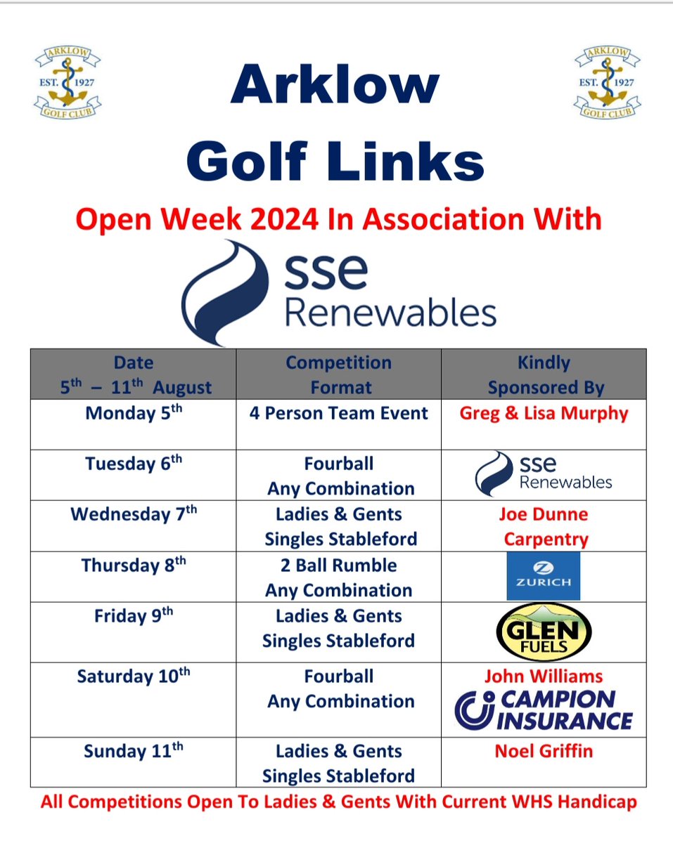 Arklow Golf Links (@arklowgolflinks) on Twitter photo Tue 05 Aug Fourball
1st Elaine Fitzgerald(9)
Martin Lipsett (22)45pts
2nd Richard Tyrrell(23)
Peter P O’Neill(20) 43pts
3rd Barry Higgins(25)
Liam Murphy (36) 42pts
4Th Pat Keegan(13)
Tony Bolger (6)41pts c/b
5th Margaret Murphy(33)
Marie Forde(52) 41pts
<a href="/ArklowGolfLinks/">Arklow Golf Links</a> Tue 05 Aug Fourball
1st Elaine Fitzgerald(9)
Martin Lipsett (22)45pts
2nd Richard Tyrrell(23)
Peter P O’Neill(20) 43pts
3rd Barry Higgins(25)
Liam Murphy (36) 42pts
4Th Pat Keegan(13)
Tony Bolger (6)41pts c/b
5th Margaret Murphy(33)
Marie Forde(52) 41pts
<a href="/ArklowGolfLinks/">Arklow Golf Links</a>