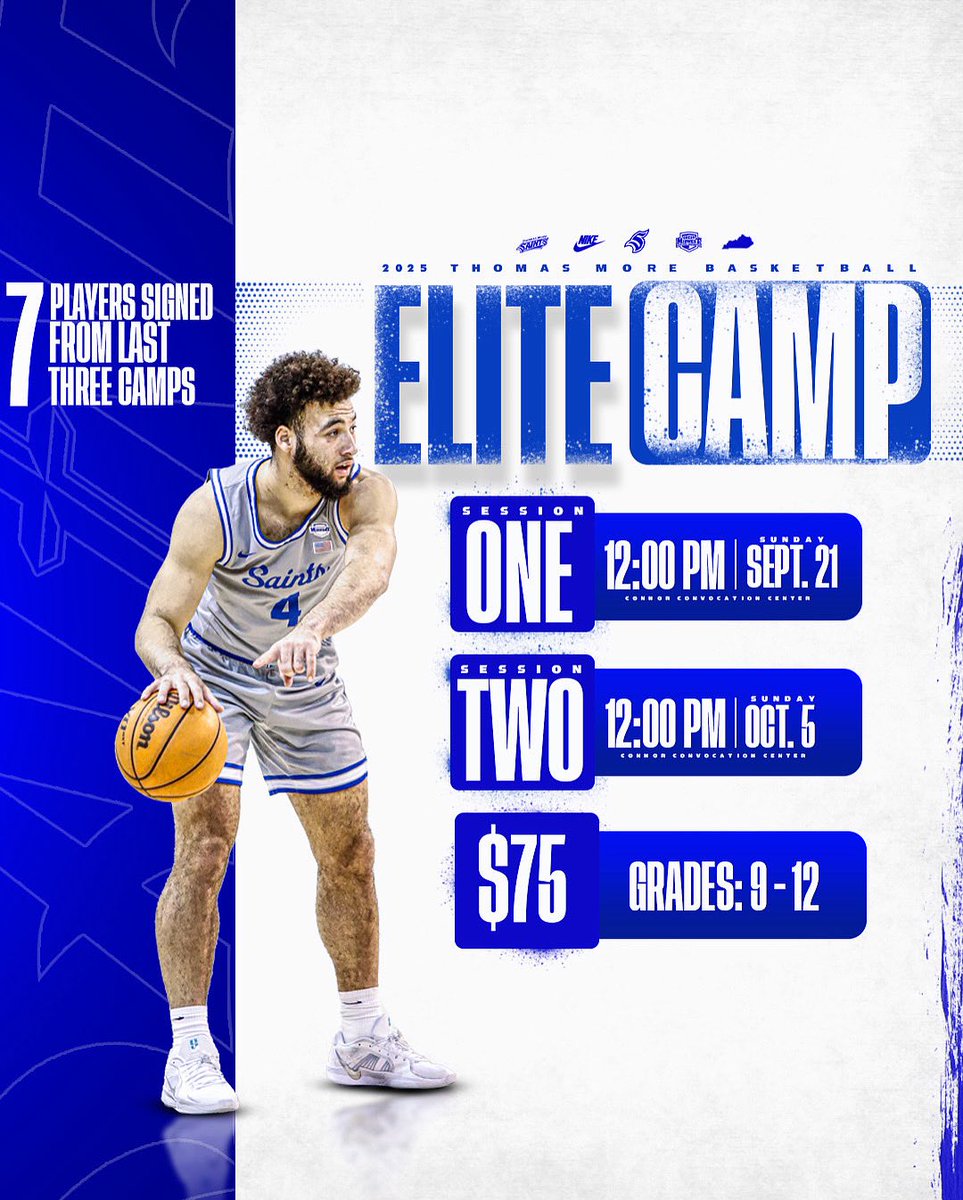 THOMAS MORE SAINTS BASKETBALL (@tmumensbball) on Twitter photo 🚨🚨 Elite Camp🚨🚨
Camp 1: Sunday Sept 21st
Camp 2: Sunday Oct 5th
Grades: 9-12 - 12:00 PM - 3:00 PM
7️⃣ Players signed from the last 3 camps.
Register 🔽
…omasmoremensbasketball.totalcamps.com/shop/product/5…
For any questions please reach out to Coach Berlekamp. berleks@thomasmore.edu 🚨🚨 Elite Camp🚨🚨
Camp 1: Sunday Sept 21st
Camp 2: Sunday Oct 5th
Grades: 9-12 - 12:00 PM - 3:00 PM
7️⃣ Players signed from the last 3 camps.
Register 🔽
…omasmoremensbasketball.totalcamps.com/shop/product/5…
For any questions please reach out to Coach Berlekamp. berleks@thomasmore.edu