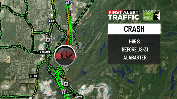 WBRC 6 Traffic (@wbrctraffic) on Twitter photo First Alert:
There is a crash on I-65 S. before US-31 in #Alabaster blocking the right two lanes. <a href="/WBRCnews/">WBRC 6 News</a> #wbrctraffic First Alert:
There is a crash on I-65 S. before US-31 in #Alabaster blocking the right two lanes. <a href="/WBRCnews/">WBRC 6 News</a> #wbrctraffic