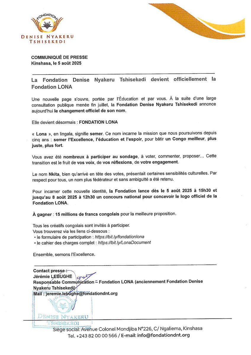 Junior Béton 🇨🇩 (@beton_junior) on Twitter photo #RDC Annonce officielle Mutation institutionnelle et appel à la créativité nationale
La Fondation <a href="/FondationDNT/">Fondation Denise Nyakeru Tshisekedi</a> Denise Nyakeru Tshisekedi inaugure une nouvelle ère de son engagement sociétal et adopte désormais l’appellation : Fondation LONA.
À cette occasion, un concours #RDC Annonce officielle Mutation institutionnelle et appel à la créativité nationale
La Fondation <a href="/FondationDNT/">Fondation Denise Nyakeru Tshisekedi</a> Denise Nyakeru Tshisekedi inaugure une nouvelle ère de son engagement sociétal et adopte désormais l’appellation : Fondation LONA.
À cette occasion, un concours