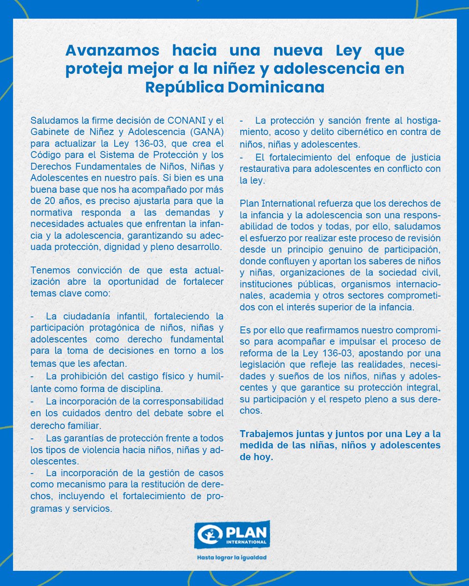 Avanzamos hacia una nueva Ley que proteja mejor a la niñez en 🇩🇴.
Participamos en el inicio de la reforma a la Ley 136-03 junto a @CONANI, GANA y otros actores clave.
Desde Plan International reafirmamos nuestro compromiso de representar la voz de niñas, niños y adolescentes ✊🏽💙