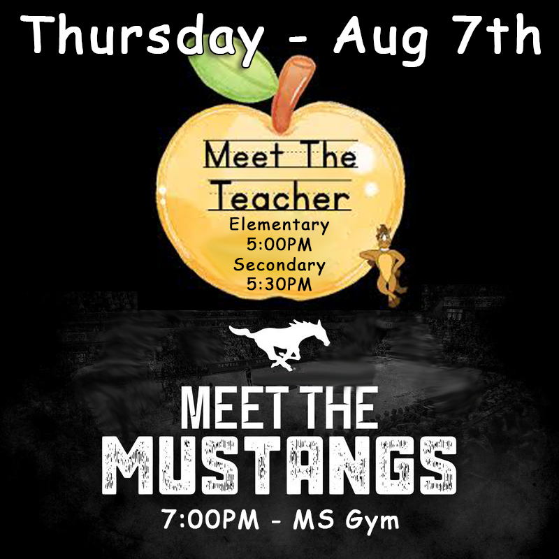 Join us for Meet the Teacher &amp; Meet the Mustangs on Thursday, August 7th!
 Elementary Meet the Teacher – 5:00 PM in the Elementary Building
Secondary Meet the Teacher – 5:30 PM in the OISD Auditorium
Meet the Mustangs – 7:00 PM in the Middle School Gym