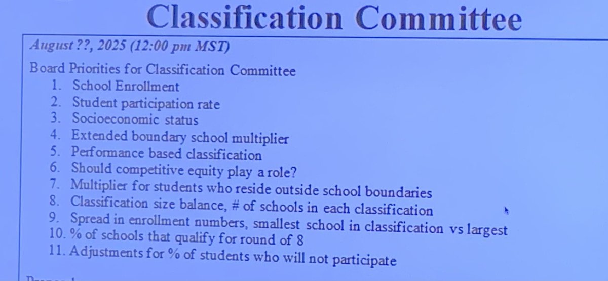 Discussion Agenda Items:

1. Board Priorities for Classification Committee: The IHSAA board is being asked to prioritize these different items as a way to formulate the IHSAA’s priorities when it comes to the classification committee creating a new classification structure.