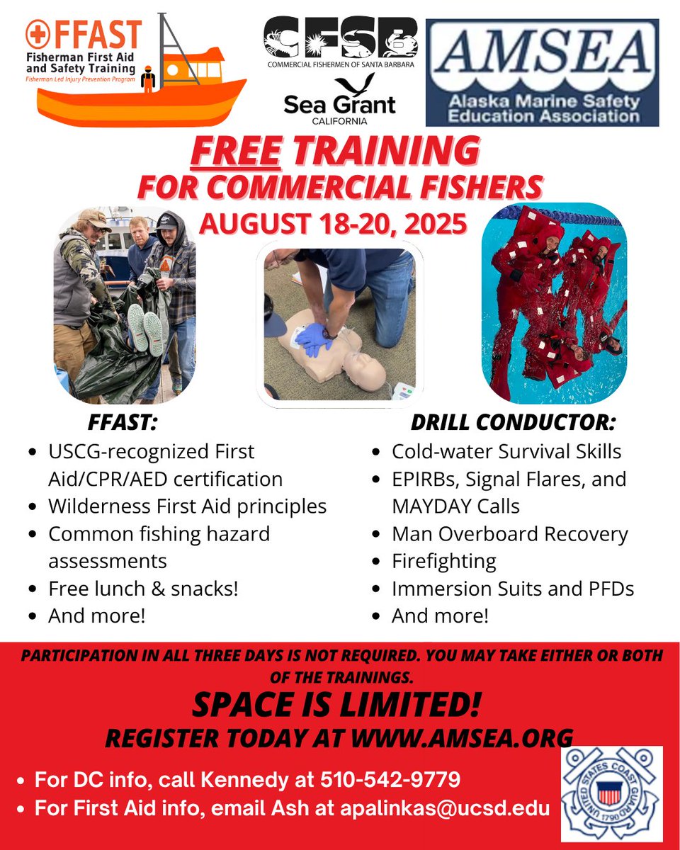 CASeaGrant's tweet image. Aug 18-20, California Sea Grant is partnering with the @AKMarineSafety to offer free Fishing First Aid Safety Training & Drill Conductor Training in Santa Barbara, CA. Registration is required in advance as space is limited. So please register early at amsea.org !