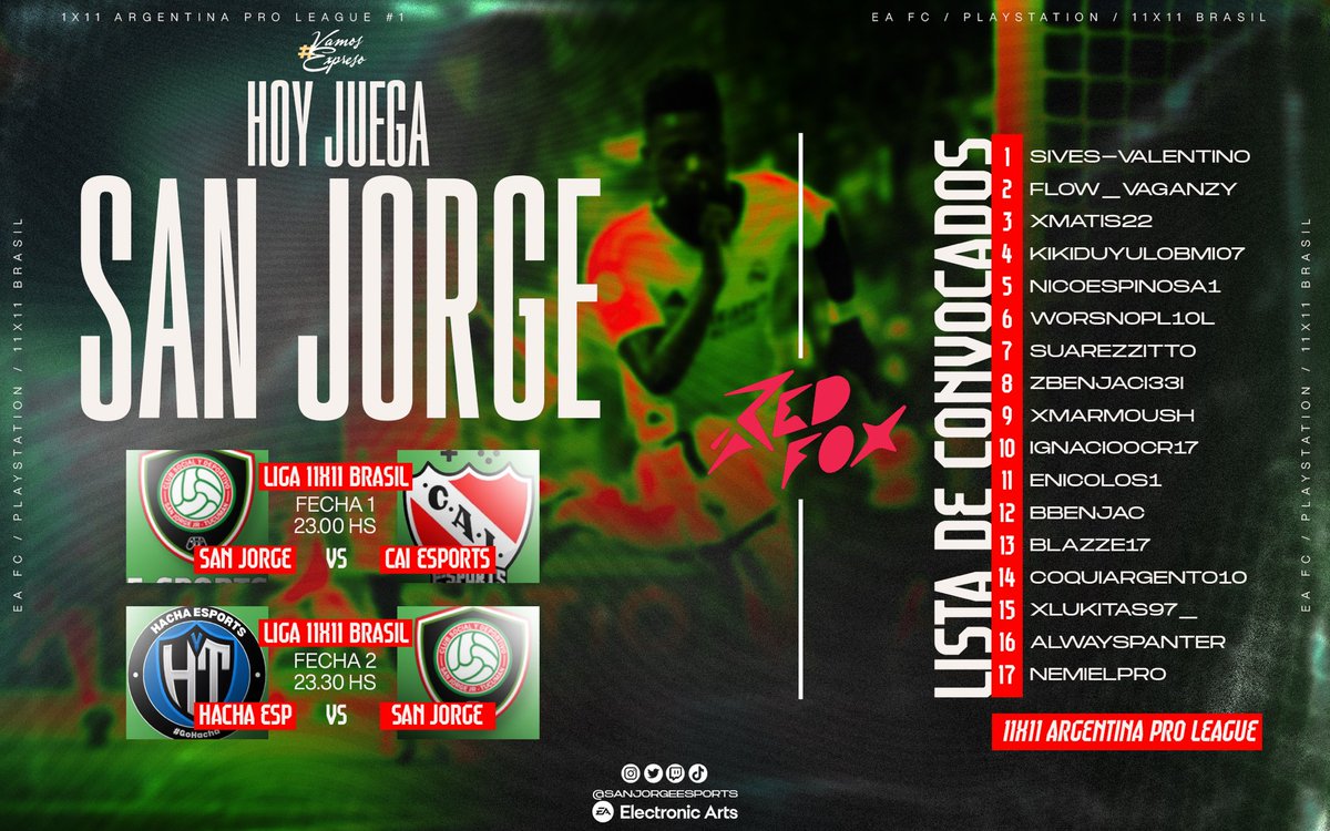 SAN JORGE Esports (@sanjorgeesp) on Twitter photo 🎮 ¡𝙃𝙊𝙔 𝙅𝙐𝙀𝙂𝘼 #𝙎𝘼𝙉𝙅𝙊𝙍𝙂𝙀! 💚❤️
🌙 Noche de #ClubesPro en <a href="/11x11Brasil/">11x11 Brasil</a>
📋 El equipo comandado por Lucas Garay hace su debut oficial
🆚 Rivales: <a href="/CAIesports/">C. A. Independiente eSports</a> <a href="/hachaesports/">Hacha eSports</a>
🕚 Horarios:
•23:00 hs
•23:30 hs
🏟️ Estadio: Ángel Pascual Sáez
#VamosSanJorge 💚❤️ 🎮 ¡𝙃𝙊𝙔 𝙅𝙐𝙀𝙂𝘼 #𝙎𝘼𝙉𝙅𝙊𝙍𝙂𝙀! 💚❤️
🌙 Noche de #ClubesPro en <a href="/11x11Brasil/">11x11 Brasil</a>
📋 El equipo comandado por Lucas Garay hace su debut oficial
🆚 Rivales: <a href="/CAIesports/">C. A. Independiente eSports</a> <a href="/hachaesports/">Hacha eSports</a>
🕚 Horarios:
•23:00 hs
•23:30 hs
🏟️ Estadio: Ángel Pascual Sáez
#VamosSanJorge 💚❤️