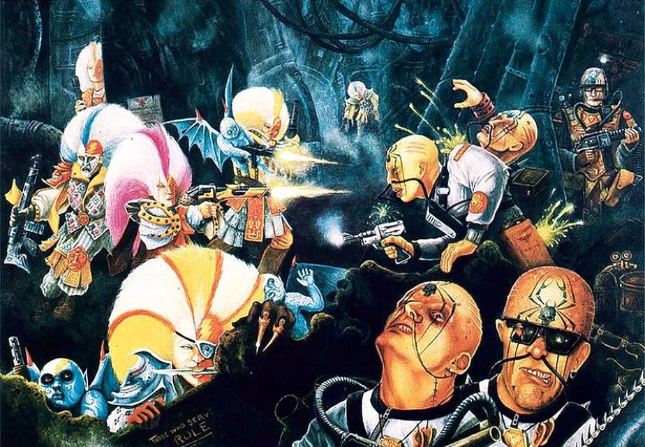 Necromunda gangs have a scrap by John Blanche.
It looks to be the spiders from Mar’s versus the guild navigators assistants! (Who are they really?) 10 internet cookies if you get the references!
.
#oldhammer #art #warhammercommunity #warhammer #warhammer40k #40k