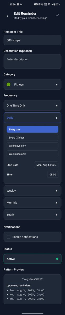 I can't code.
I'm building an app anyway.

Day 5 - steady steps forward!
+ Native date &amp; time pickers
+ Frequency pattern preview
+ List of todays and upcoming reminders
+ Alphabetical sorting
+ Auto fill category
+ Github merge branch skills
+ and more
#buildinpublic