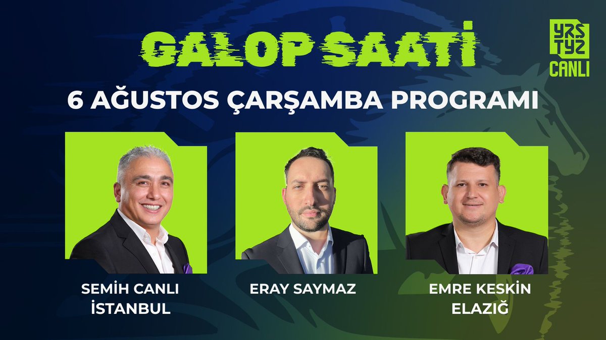 Galop Saati ile yarış heyecanı başlıyor!  

Bugün saat 12.00'de <a href="/EraySaymaz/">Eray Saymaz</a> moderatörlüğünde <a href="/smhcnl/">Semih Canlı</a> ve <a href="/keskinemre18/">Emre KESKİN</a> İstanbul ve Elazığ yarışlarını CANLI yayında Galop Saati programında yorumluyor.    

İzlemek İçin ➡️ youtube.com/live/QVp9LrNtR…