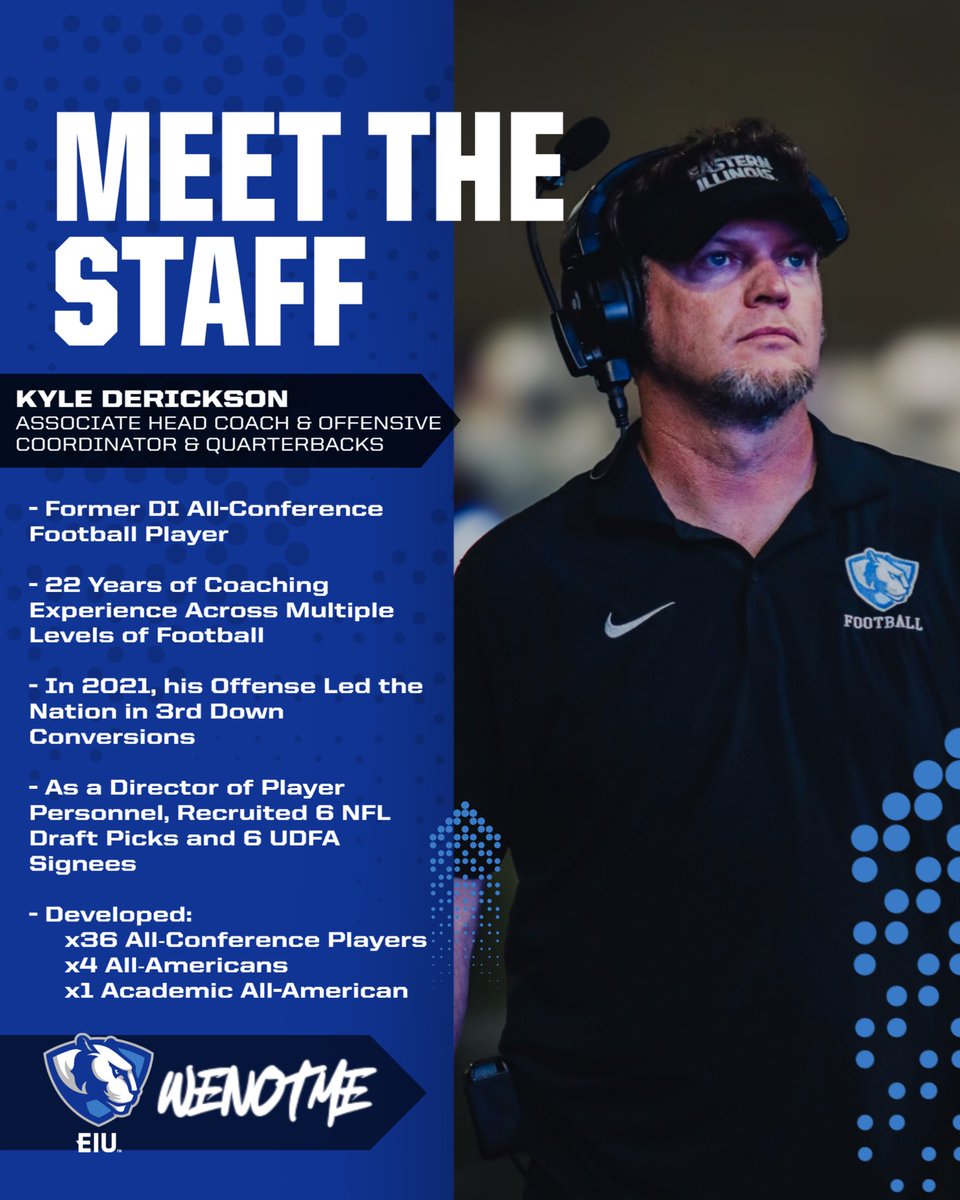 Up next in our 2025 Staff Spotlight: Coach Kyle Derickson 🎯🏈

🔵 This is Coach Derickson’s 4th year with EIU. It’s his 2nd season as the Offensive Coordinator and Quarterbacks Coach ⚪️  

#WeNotMe | #BleedBlue | #WinTheDay