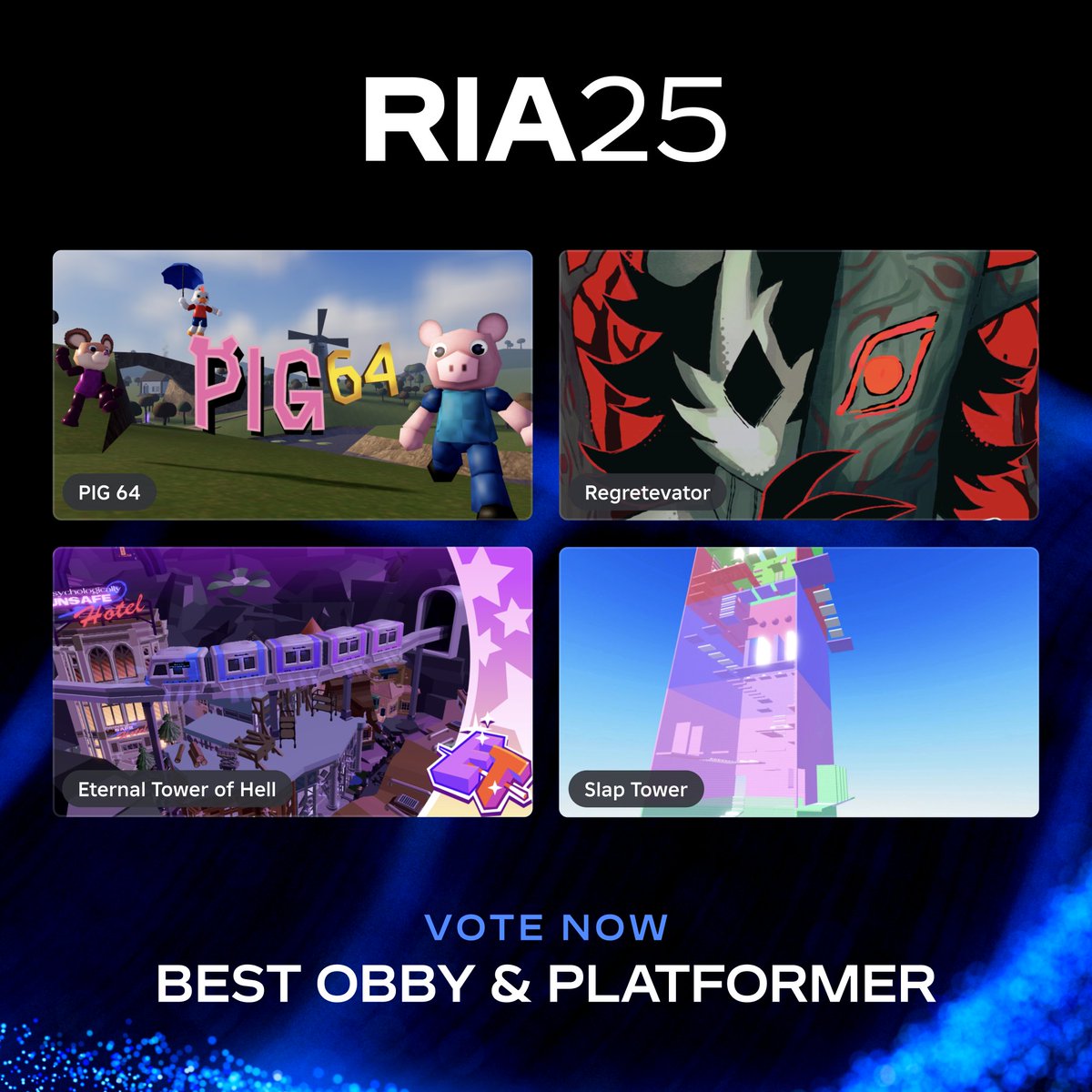 Roblox's tweet image. It’s not about how many times you fell or rage quit. It’s about the obbys you voted for along the way. rblx.co/RIA-25-Voting