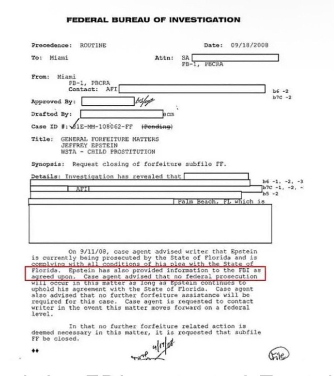 LeadingReport's tweet image. BREAKING: FBI documents from 2008 confirm that Jeffrey Epstein provided information to the FBI as part of a non-prosecution agreement with the State of Florida. 

In return, federal charges were dropped as long as Epstein upheld the terms of his plea deal.