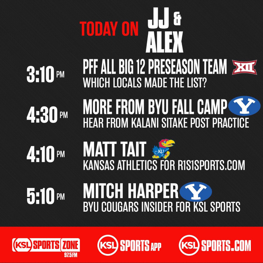 97.5 The KSL Sports Zone (@kslsportszone) on Twitter photo Tuesday on <a href="/JeremiahJensen/">Jeremiah Jensen</a> & <a href="/AlexKirryKSL/">Alex Kirry</a>
- PFF All Big 12 teams
- #AggiesAllTheWay Fall Camp
- <a href="/mctait/">Matt Tait</a> 4:10
- #BYUFootball
- <a href="/Mitch_Harper/">Mitch Harper</a> 5:10
- #GoUtes Fall Camp
- and so much more!
📺: youtube.com/@ksl5sports
🎧: tuner.bonneville.com/live/KZNS-FM
<a href="/kslsports/">KSL Sports</a> Tuesday on <a href="/JeremiahJensen/">Jeremiah Jensen</a> & <a href="/AlexKirryKSL/">Alex Kirry</a>
- PFF All Big 12 teams
- #AggiesAllTheWay Fall Camp
- <a href="/mctait/">Matt Tait</a> 4:10
- #BYUFootball
- <a href="/Mitch_Harper/">Mitch Harper</a> 5:10
- #GoUtes Fall Camp
- and so much more!
📺: youtube.com/@ksl5sports
🎧: tuner.bonneville.com/live/KZNS-FM
<a href="/kslsports/">KSL Sports</a>