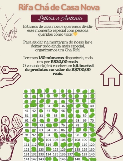 Oi, gente! Eu e minha namorada estamos fazendo um chá rifa pra ajudar a mobiliar nosso cantinho 💕🏠 . Vamos sortear 4 prêmios super legais! Quer ver o flyer? Chama na DM!
Participa e dá uma força pra esse casal cheio de amor (e poucos móveis 😂