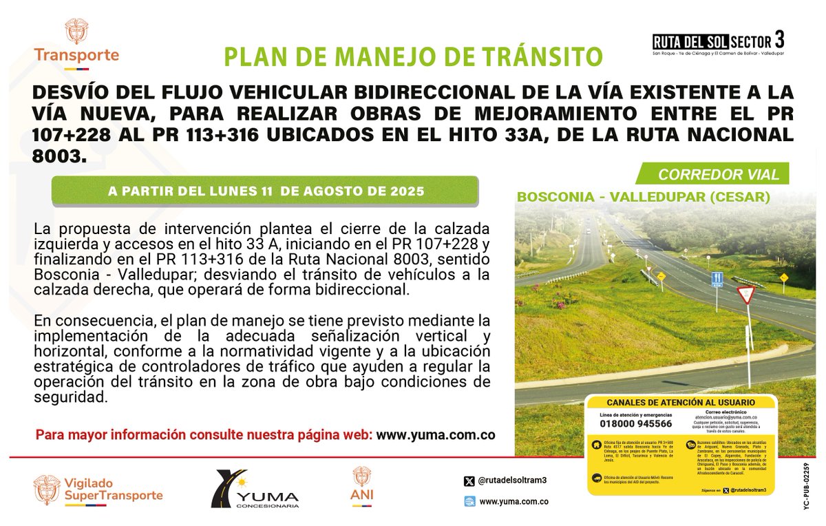 Ruta del Sol Sector 3 (@rutadelsoltram3) on Twitter photo <a href="/rutadelsoltram3/">Ruta del Sol Sector 3</a> Informa que implementará un PMT, efectuando el desvío del flujo vehicular entre el PR 107+228 al PR 113+316 ubicados en el hito 33A, de la Ruta Nacional 8003. Corredor vial Bosconia-Valledupar (Cesar). <a href="/rutadelsoltram3/">Ruta del Sol Sector 3</a> Informa que implementará un PMT, efectuando el desvío del flujo vehicular entre el PR 107+228 al PR 113+316 ubicados en el hito 33A, de la Ruta Nacional 8003. Corredor vial Bosconia-Valledupar (Cesar).