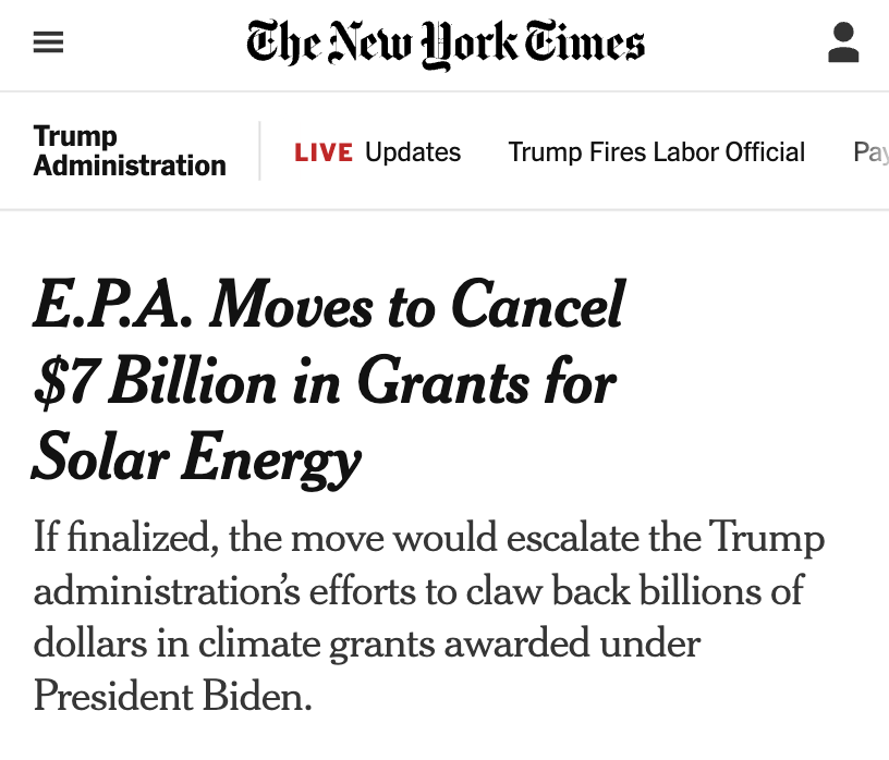 President Trump is not only raising your electric bill, he’s also canceling funds that help Americans afford low-cost solar energy.

This Administration’s reckless policies continue to hurt working families while helping billionaires get richer.