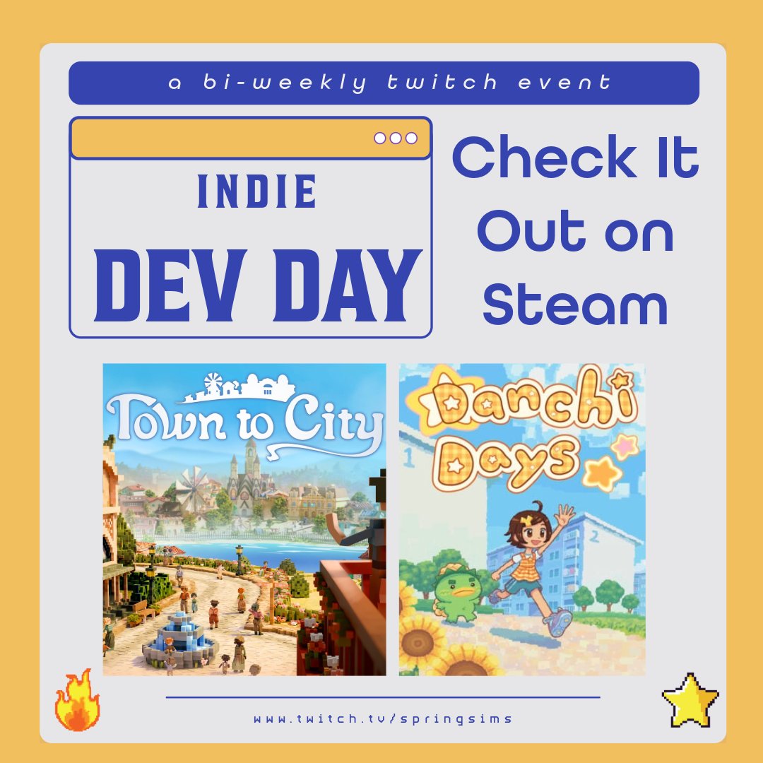 STARTING this Wednesday, August 6th @ 10 am CST, Indie Dev Day WK 4 on <a href="/Twitch/">Twitch</a>!    

It's where I showcase different indie games bi-weekly, so we'll be checking out:  
★ Danchi Days
★ Town to City

Follow me on Twitch to be notified: twitch.tv/springsims