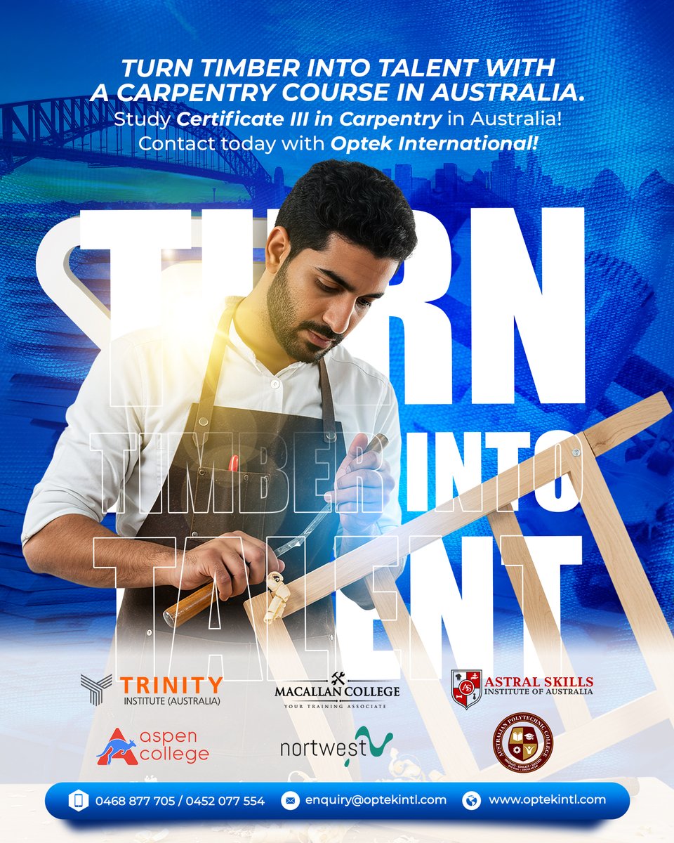 optekintl's tweet image. Turn timber into talent with a Certificate III in Carpentry. Gain real trade skills and start building your future in Australia.
Contact Optek International today.

#CarpentryCourse #CertificateIII #TradeSkills #StudyInAustralia #OptekInternational