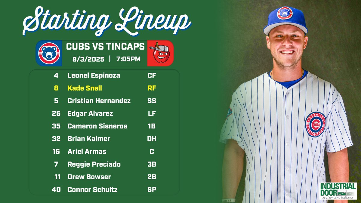Kade Snell is set to make his pro debut with the South Bend Cubs today!

Here is today's @_Industrialdoor Starting Lineup (8/5) 
#SBCubs