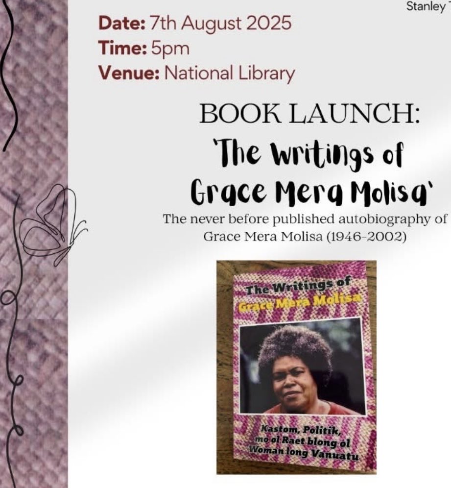 If you’re lucky to be in Vanuatu - don’t miss the book launch of Grace Mera Molisa’s autobiography of wan Mama Blong Independence (previously unpublished work). 
Thursday 7 Aug at 5.00pm, National Museum, Port Vila 🇻🇺
Free event open to the public. Books available for purchase.
