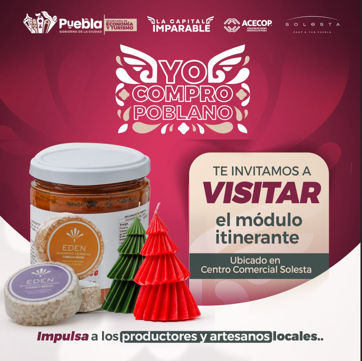 ¡📣Consume local!

Productos innovadores, de calidad y muy bien hechos por artesanas y artesanos de la ciudad de Puebla están cerca de ti, en el Módulo Itinerante Yo Compro Poblano en el Centro Comercial Solesta🛍️.

¿Ya lo visitaste🚶‍♂️🚶‍♀️?

#VisitaPuebla
