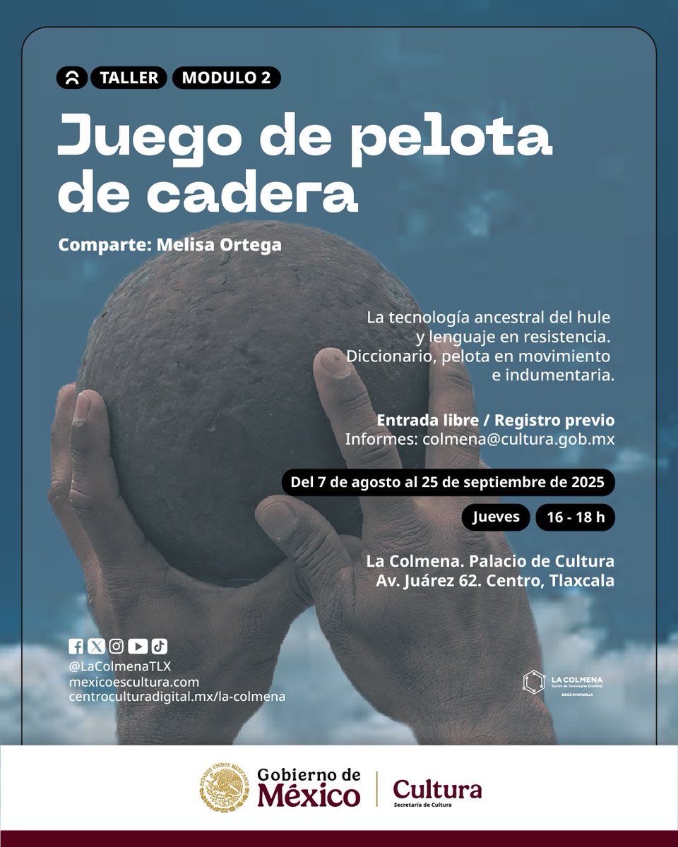 Continuamos con el segundo módulo de Juego de Pelota de Cadera, en este bloque no solo podrás aprender técnica, también buscamos generar un diccionario en lengua náhuatl y crear una propia identidad a través de la indumentaria.

centroculturadigital.mx/actividad/jueg…