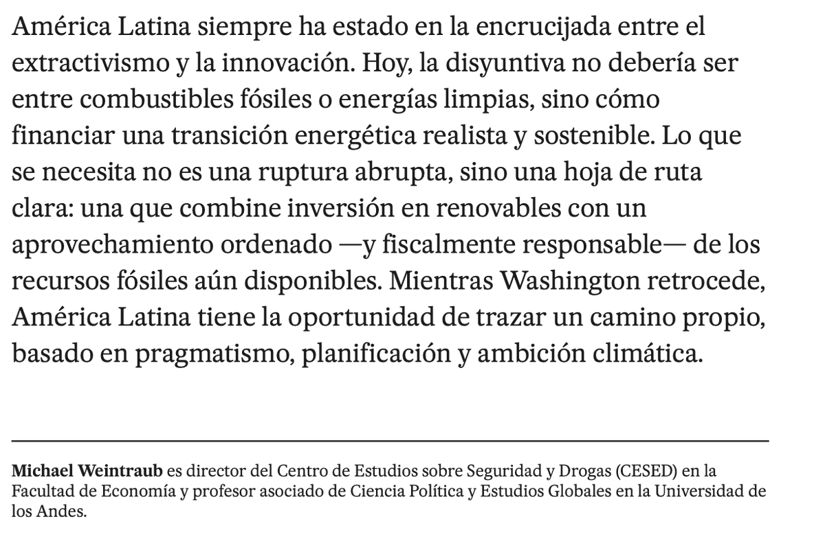 Ciencia Política y Estudios Globales Uniandes (@cpoluniandes) on Twitter photo Recientemente el profesor <a href="/miweintraub83/">Michael Weintraub</a> publicó una columna en <a href="/elpais_america/">EL PAÍS América</a>, sobre las oportunidades y retos que representa el "One Big Beautiful Bill" para la política energética en América Latina.
elpais.com/america/2025-0… Recientemente el profesor <a href="/miweintraub83/">Michael Weintraub</a> publicó una columna en <a href="/elpais_america/">EL PAÍS América</a>, sobre las oportunidades y retos que representa el "One Big Beautiful Bill" para la política energética en América Latina.
elpais.com/america/2025-0…