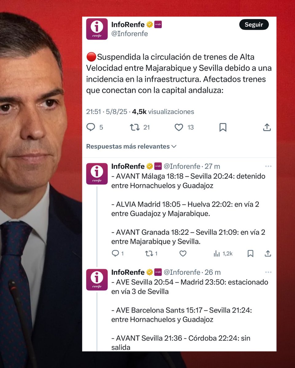 🔴 ÚLTIMA HORA | Cientos de pasajeros afectados a esta hora en un nuevo episodio de caos en los trenes de Andalucía.

Sánchez, Puente y Montero continúan desaparecidos.