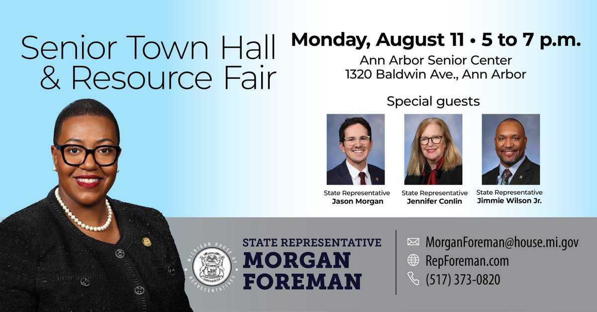 Jennifer Conlin (@conlinforstate) on Twitter photo I’ll be joining Rep. <a href="/repforeman/">morganforeman</a> and fellow legislators for a Senior Town Hall & Resource Fair this Monday in Ann Arbor!
📅 Aug 11 | 🕔 5–7 PM
📍 Ann Arbor Senior Center, 1320 Baldwin Ave.
Event info: facebook.com/events/7767708… I’ll be joining Rep. <a href="/repforeman/">morganforeman</a> and fellow legislators for a Senior Town Hall & Resource Fair this Monday in Ann Arbor!
📅 Aug 11 | 🕔 5–7 PM
📍 Ann Arbor Senior Center, 1320 Baldwin Ave.
Event info: facebook.com/events/7767708…