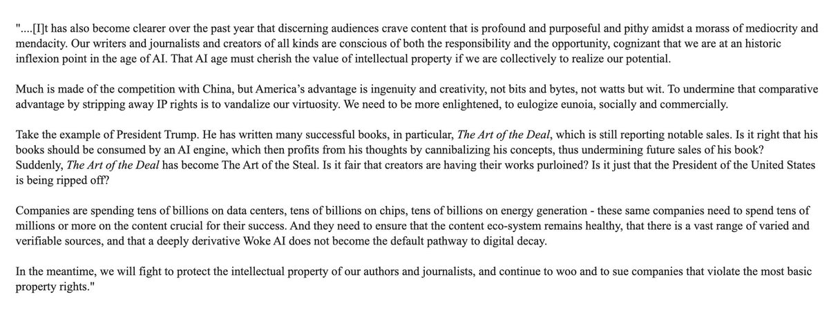 On News Corp's earnings call, CEO Robert Thompson makes a pretty unsubtle appeal to Trump to rein in AI, saying AI companies are 1) too woke and 2) ripping off Trump by stealing his "many successful books"...
