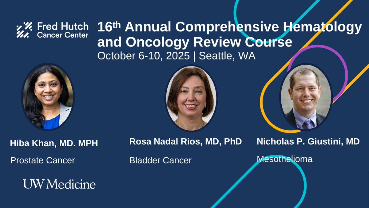 Spotlighting brilliance at the Hem/Onc Course! 🎓 Dr. Hiba Khan – Prostate Cancer 🧪 Dr. Rosa Nadal Rios – Bladder Cancer 🫁 Dr. Nicholas Giustini – Mesothelioma Join us Oct 6–10 in Seattle: uw.cloud-cme.com/MJ2601 
<a href="/UWMedicine/">UW Medicine</a> <a href="/fredhutch/">Fred Hutch Cancer Center</a> <a href="/RyanCassaday/">Ryan Cassaday</a> <a href="/MollyTokaz/">Molly Tokaz</a> <a href="/UWDeptMedicine/">UW Department of Medicine</a>