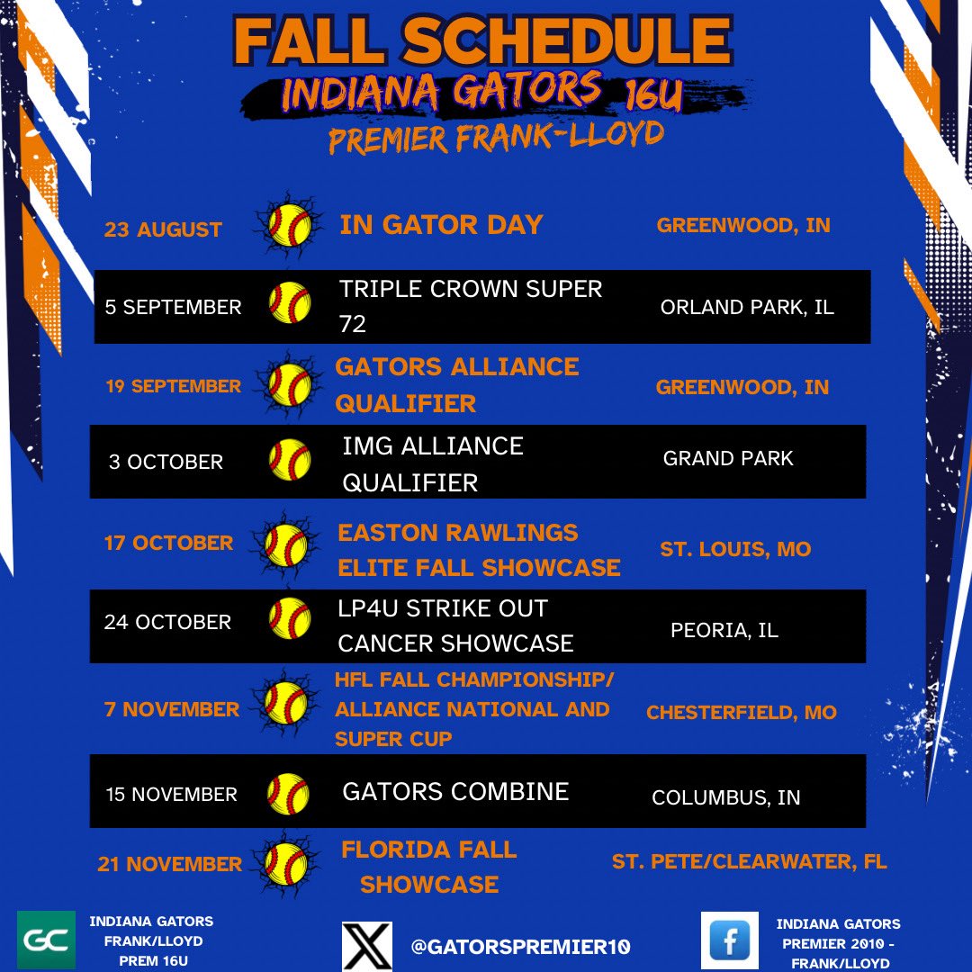Proud to announce I have joined <a href="/GatorsPremier10/">Indiana Gators Premier Lloyd 16U</a> I am so excited for my new season!!!! Here is our fall schedule for this year!! 
So thankful for the opportunity to play for this team!