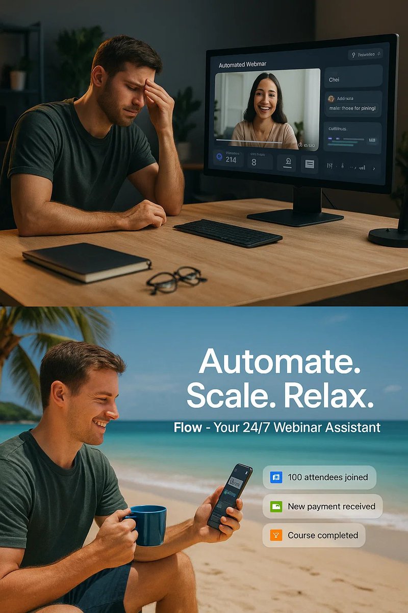 😌 Host once. Reach thousands.
📈 Automate. Scale. Relax.

Flow (flowapp.com) lets you run live, automated, and evergreen webinars — all from one powerful platform.

✅ WebRTC-based, no downloads
✅ Handles 1000+ live attendees
✅ Embed on your site, or go full screen