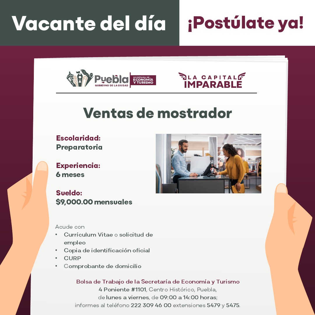 ¡Aquí está la #VacanteDelDía👇!

Cuenta con nosotros para conseguir empleo, te presentamos una oportunidad laboral de nuestra #BolsaDeTrabajo.

Continúa atento a nuestras publicaciones y asiste con todos los documentos📋✅.

#LaCapitalImparable🪽