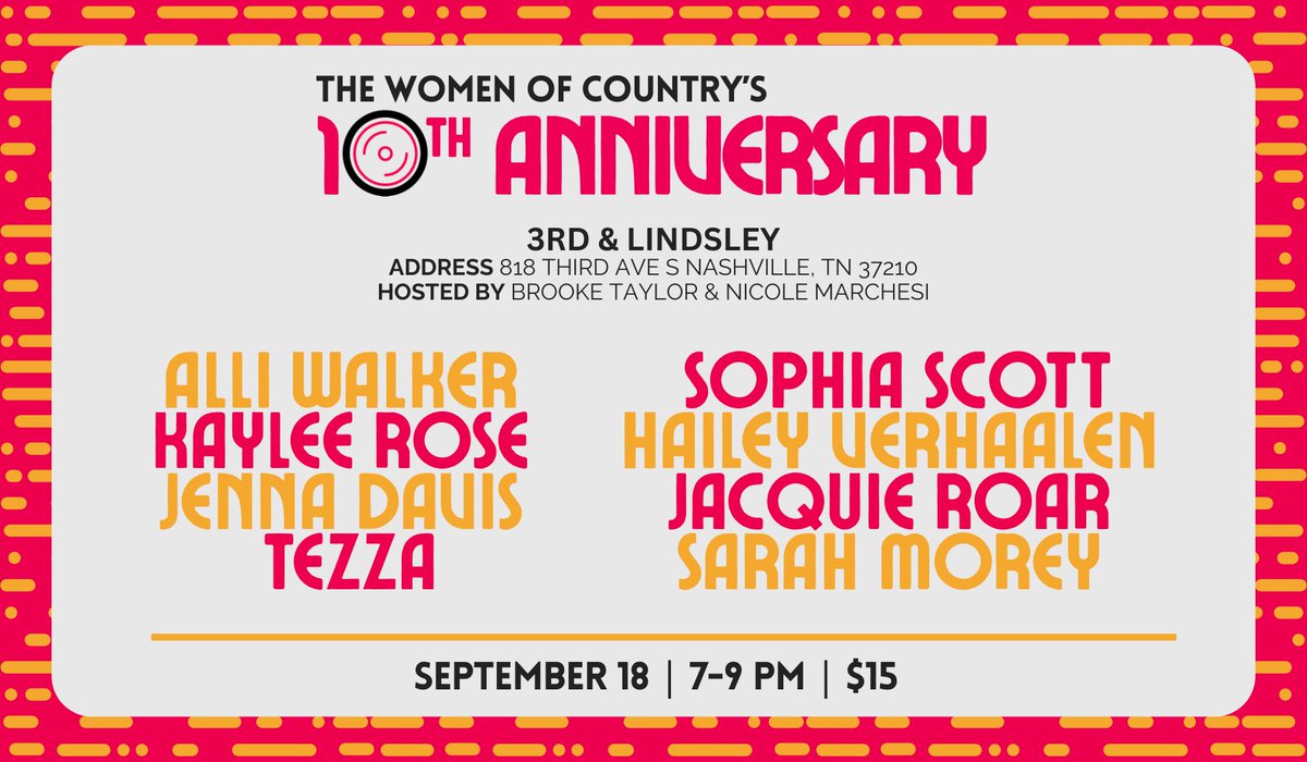 We can’t believe it’s been 10 years since The Women of Country started and to celebrate we’re hosting our biggest show yet at <a href="/3rdandLindsley/">3rd and Lindsley</a> on September 18th 🤯🩷 

Tickets on sale now at ticketweb.com/event/the-wome…