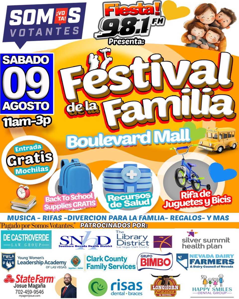 🎉 ¡El Festival de la Familia regresa este 9 de agosto al Boulevard Mall 
🎒 Mochilas GRATIS
💰 regalando MUCHOS gift cards por parte de Somos Votantes
🏥 recursos y mucha diversión 🥳

🕚 11am–3pm | ¡Entrada GRATIS!

#FestivalDeLaFamilia #Fiesta981FM #BackToSchoolLV