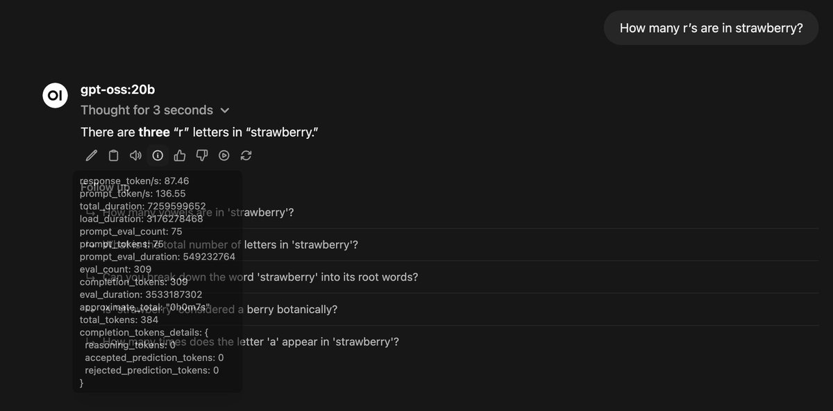 gpt-oss-20b running 87 token/s on dual 3090 setup.

Ran some other prompt tests and doing way better than a lot of open source 70b models it seems right now. 

Wow.