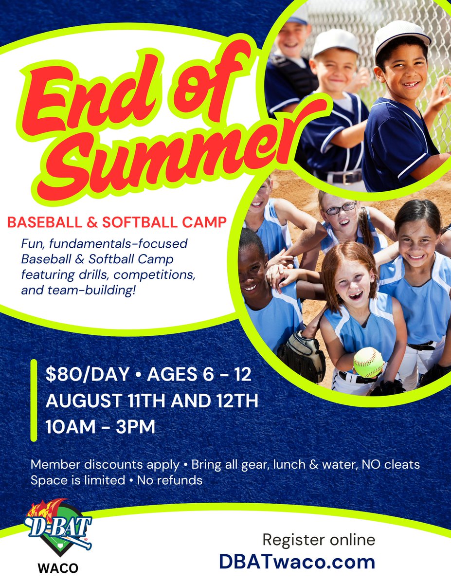 💥 End of Summer Camp! ⚾🥎 Join us Aug 11-12 for fun drills &amp; competitions! Register now: DBATwaco.com! #DBATWaco #BaseballCamp #SoftballCamp #YouthBaseball #YouthSoftball #TrainHardPlayHard #SummerCampFun