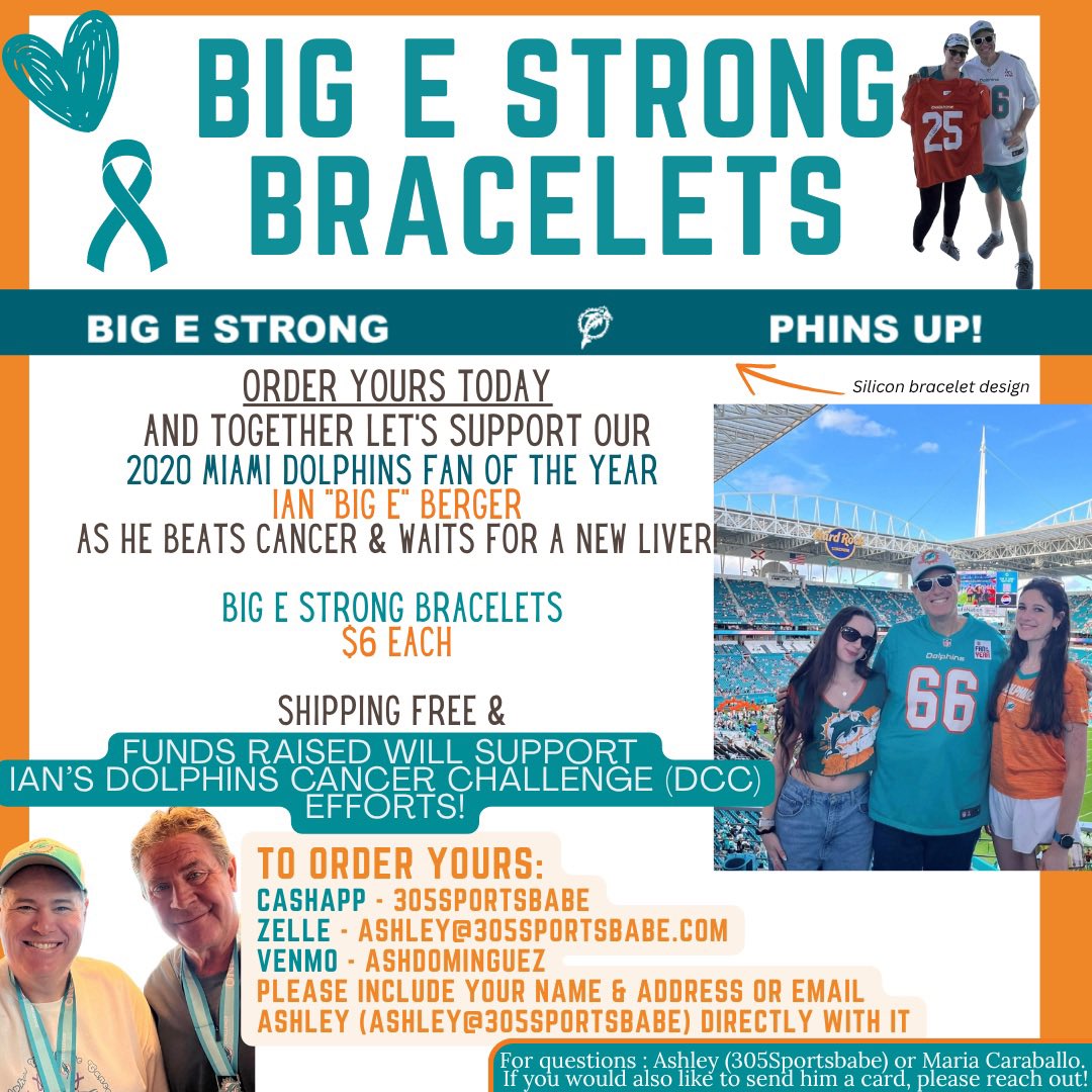 Update on the Big E <a href="/ian693/">Big E</a> Strong bracelets!

We have pre-sold 123 already AND at $956 that will be donated to his Dolphins Cancer Challenge efforts! 

Let’s keep it going! We still have more bracelets and let’s get more donations for his DCC! 

Thank you to everyone who has