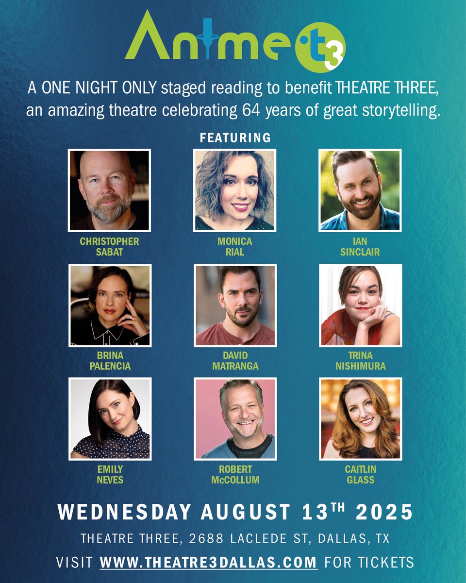 Shawn Gann (@readykafka) on Twitter photo Hey theatre AND anime friends!
See a staged reading LIVE at <a href="/theatrethree/">Theatre Three</a> Wed, Aug. 13th with these VO stars!
Cast: <a href="/JustChrisSabat/">Christopher Sabat</a> #MonicaRial #IanSinclair #BrinaPalencia <a href="/DavidMatranga1/">David Matranga</a> #TrinaNishimura #EmilyNeves <a href="/RobMcCollum/">Rob McCollum</a> <a href="/caitlinsvoice/">Caitlin Glass</a>
Tickets: Theatre3dallas.com Hey theatre AND anime friends!
See a staged reading LIVE at <a href="/theatrethree/">Theatre Three</a> Wed, Aug. 13th with these VO stars!
Cast: <a href="/JustChrisSabat/">Christopher Sabat</a> #MonicaRial #IanSinclair #BrinaPalencia <a href="/DavidMatranga1/">David Matranga</a> #TrinaNishimura #EmilyNeves <a href="/RobMcCollum/">Rob McCollum</a> <a href="/caitlinsvoice/">Caitlin Glass</a>
Tickets: Theatre3dallas.com