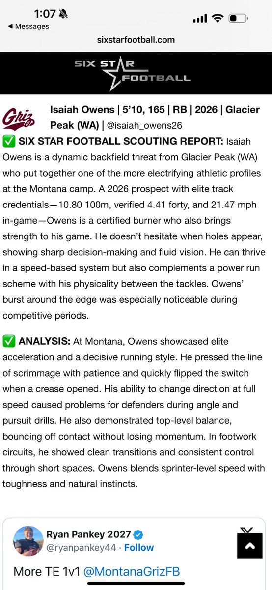 Thank you <a href="/sixstarfootball/">Six Star Football | PLUS+</a> for the write-up! <a href="/shanedKeck/">Coach Shane Keck</a> <a href="/NickFarman55/">Nick Farman M.S.</a> <a href="/BrandonHuffman/">Brandon Huffman</a> <a href="/coachcooperUM/">Roger Cooper</a> <a href="/GrizCoachGreen/">Justin Green</a> <a href="/DevinRecord/">Devin Record | Coach, Recruiter, & Scout |</a> <a href="/PrepRedzoneWA/">Prep Redzone Washington</a>